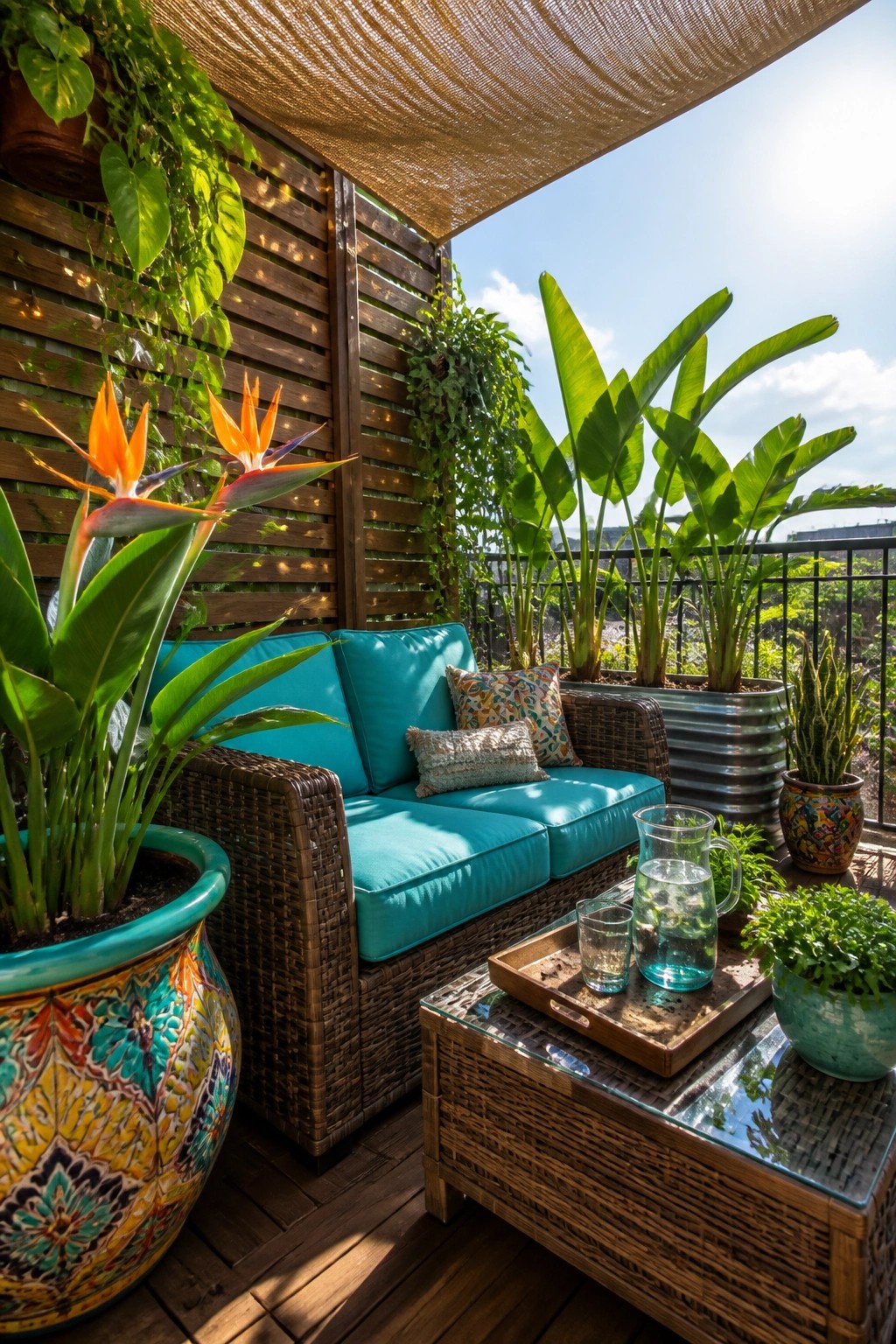 A balcony seating area with a wicker sofa under a woven brown shade awning, surrounded by large potted plants on a wooden deck.