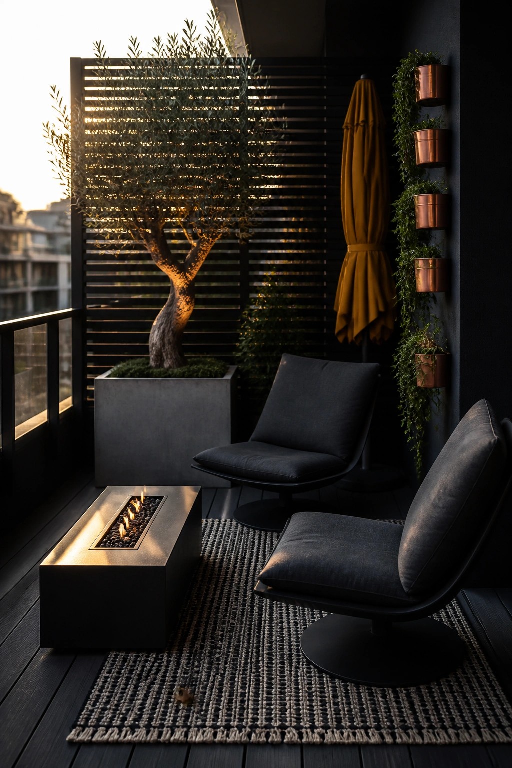 A modern apartment balcony with dark wood flooring shows two swivel lounge chairs on a woven rug, a rectangular fire pit, a large tree in a concrete planter behind a black slatted screen, and copper wall planters with greenery along the right wall.