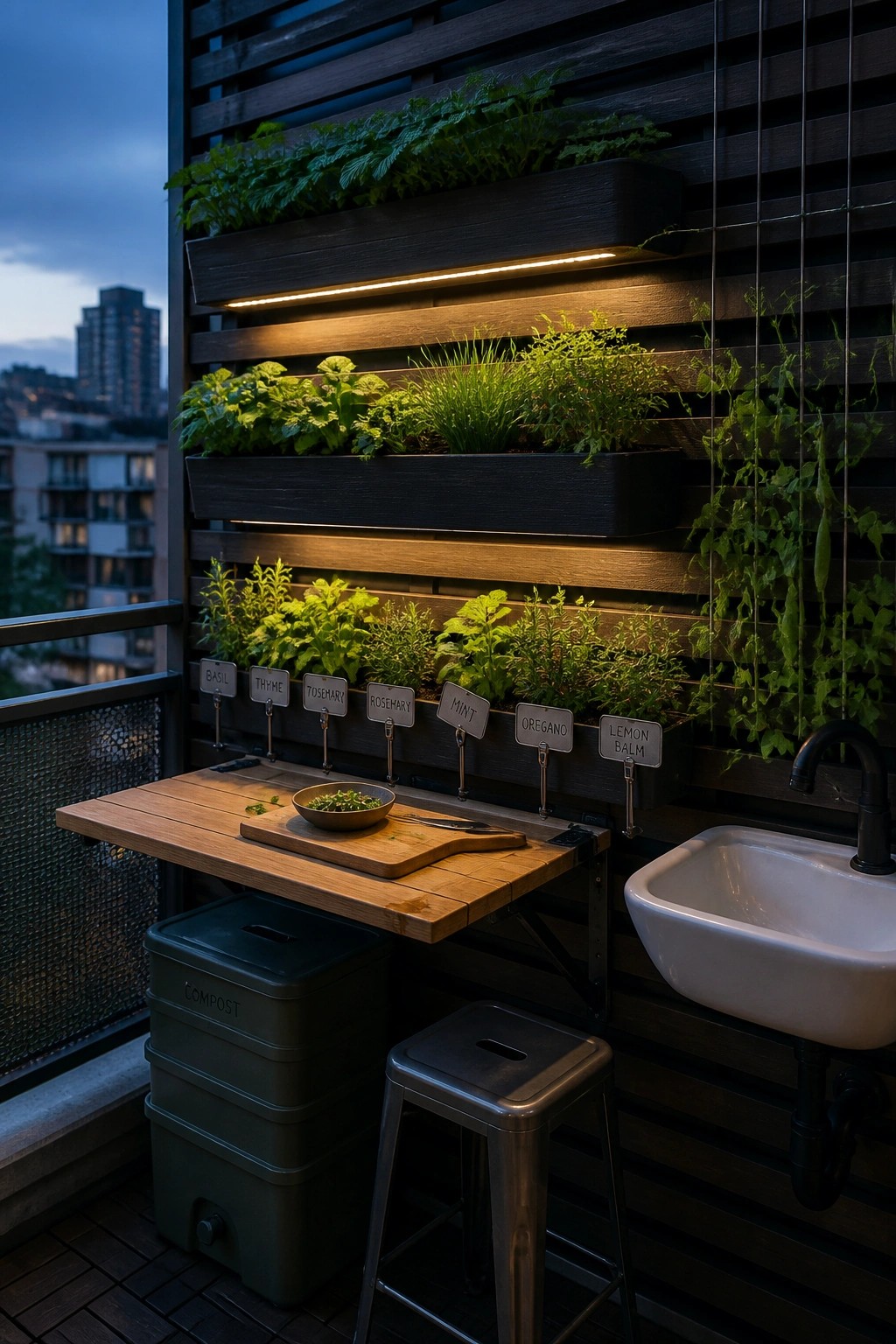 A balcony features a dark wooden slatted wall lined with multiple levels of labeled herb planters, a fold-down wooden table with a bowl of greens, a metal stool, a white sink, and a compost bin.