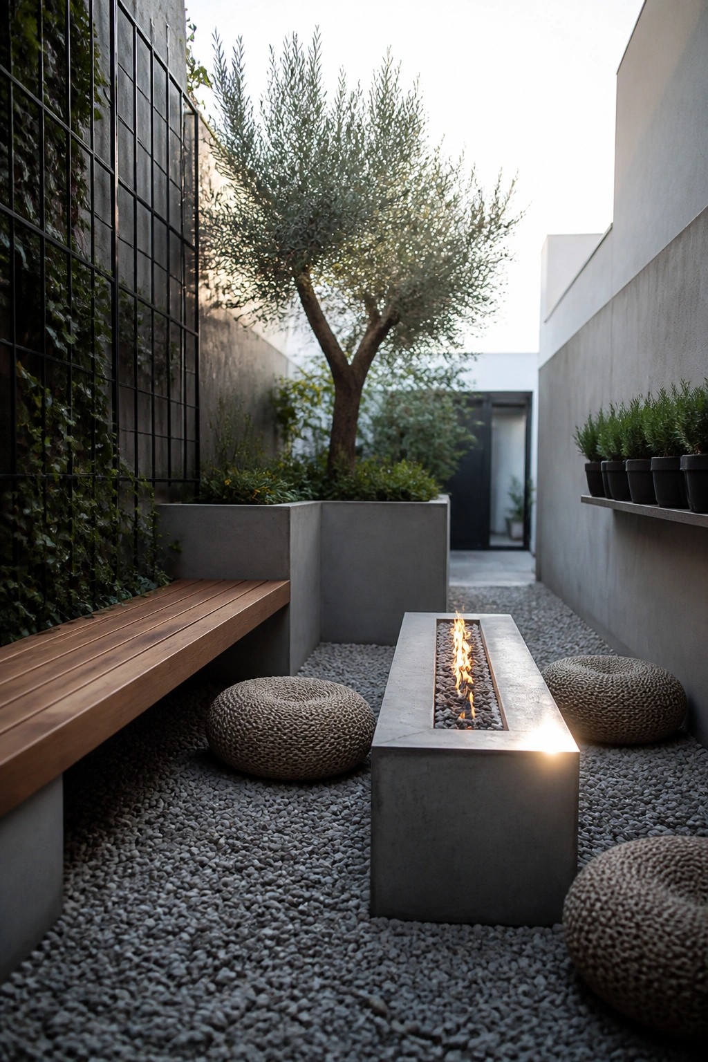 A rectangular concrete fire pit with flames sits on gravel in a narrow courtyard, flanked by a wooden bench on the left and woven poufs on both sides, with concrete planters and a tree in the background.