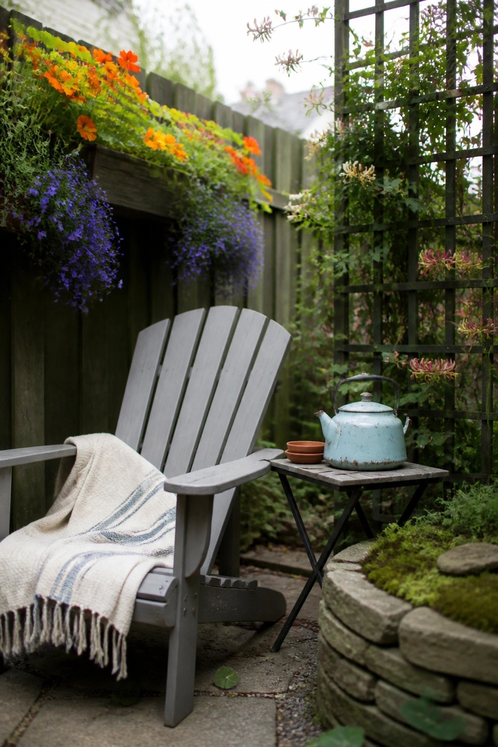 A gray wooden Adirondack chair with a striped blanket sits beside a small table holding a light blue kettle, in front of a vine-covered trellis and hanging flower boxes.