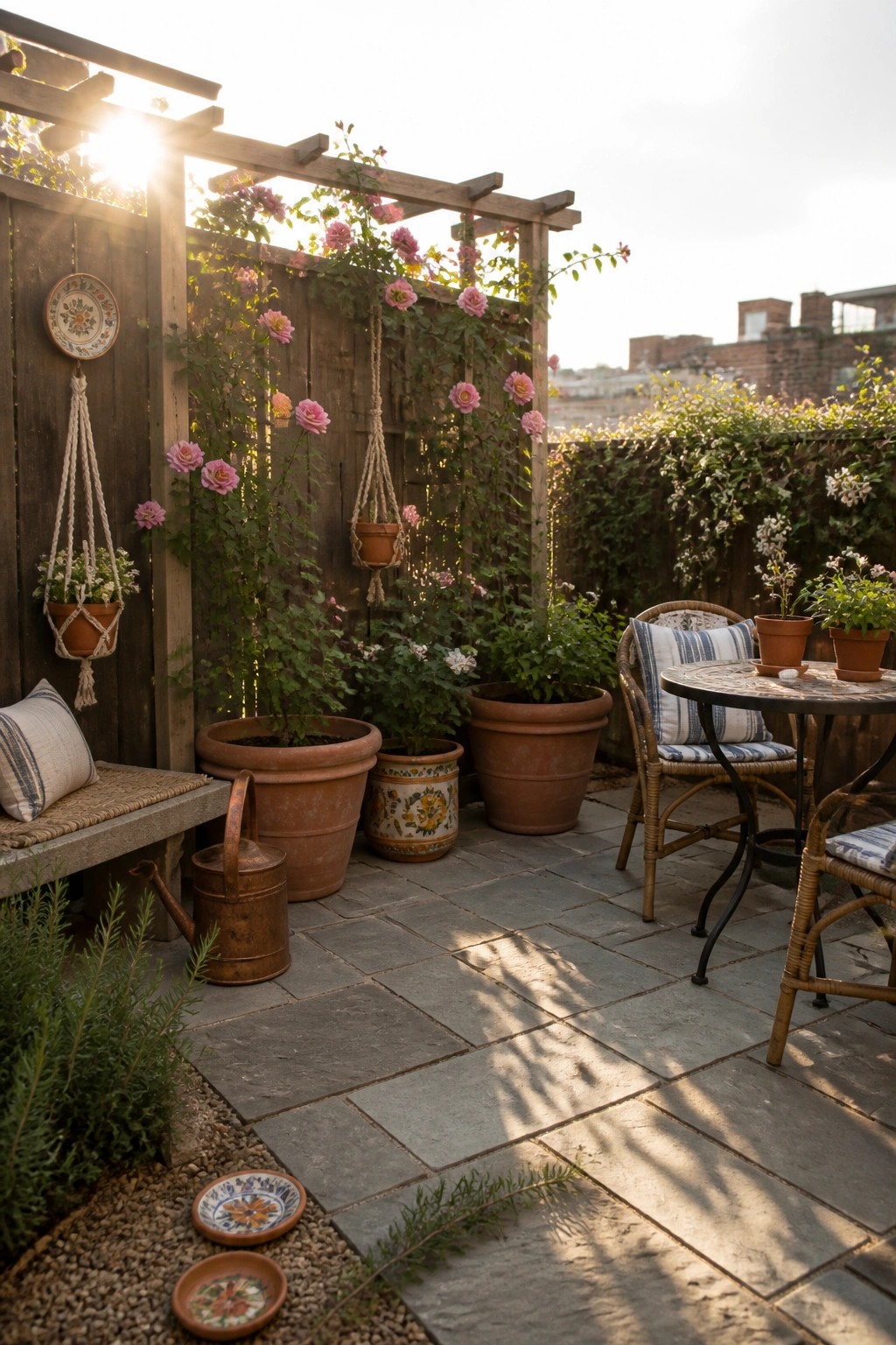 A stone patio featuring a wooden trellis with pink climbing roses, several terracotta pots, a round table with wicker chairs, and a bench along a wooden fence.