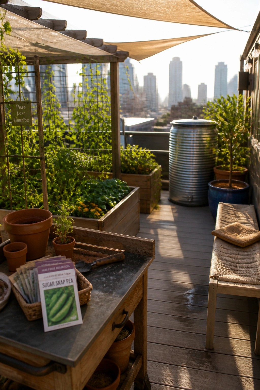 A rooftop patio with wooden raised planters, a trellis covered in climbing vines, assorted pots, a water barrel, and a city skyline view.