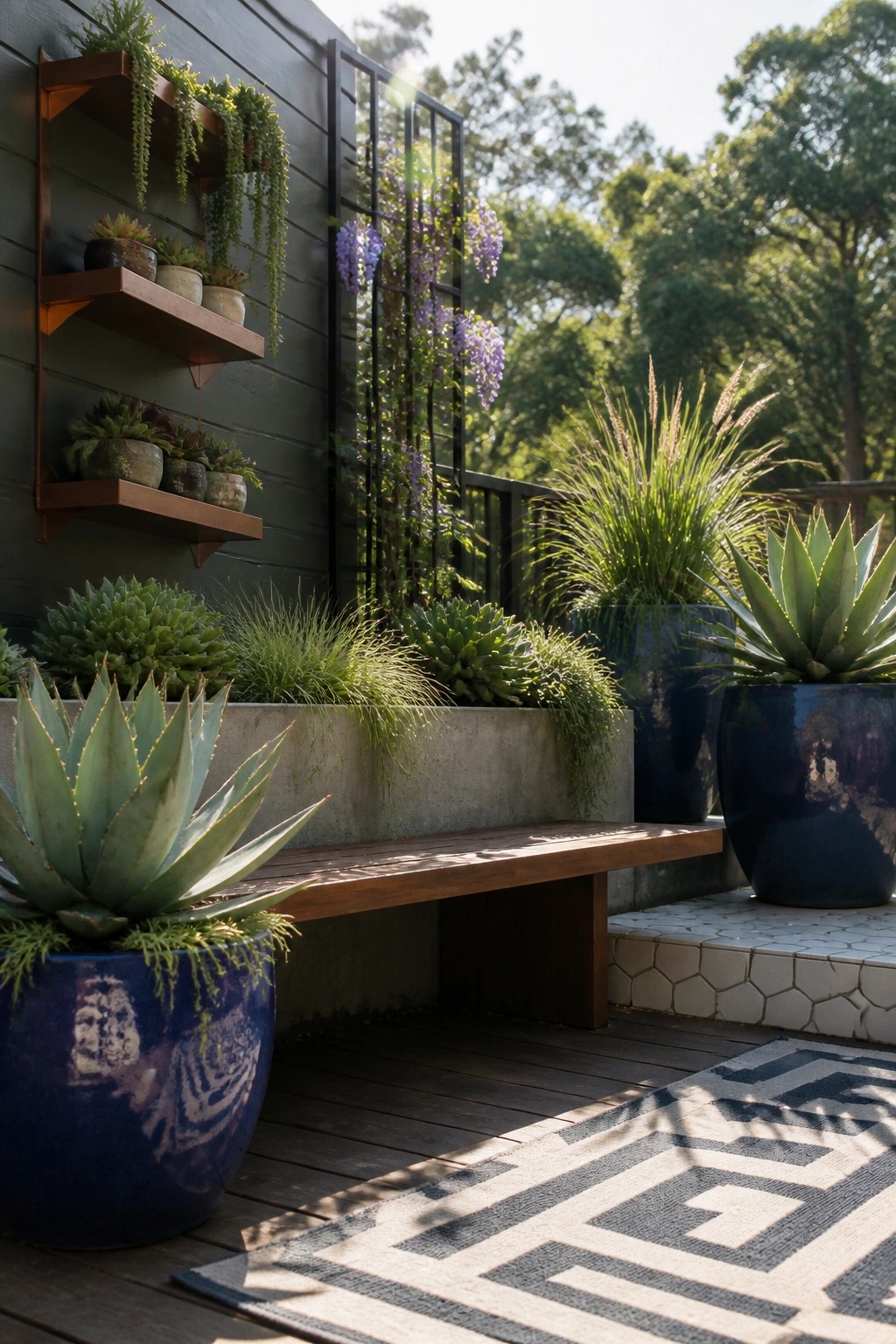 Outdoor patio with wooden bench, blue ceramic pots, succulents on shelves, and patterned rug