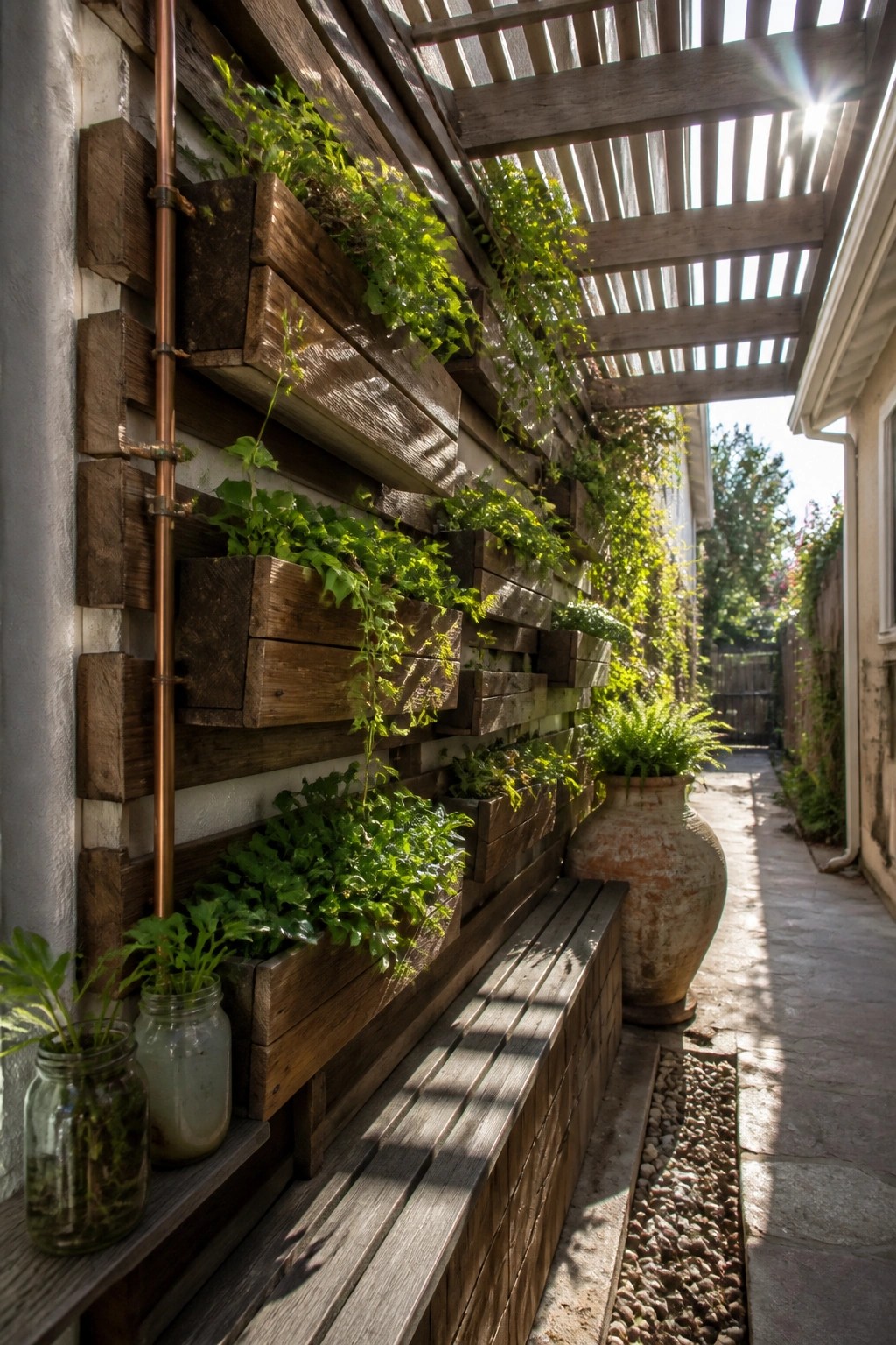 Vertical wooden planters with greenery on wall beside bench and terracotta pot