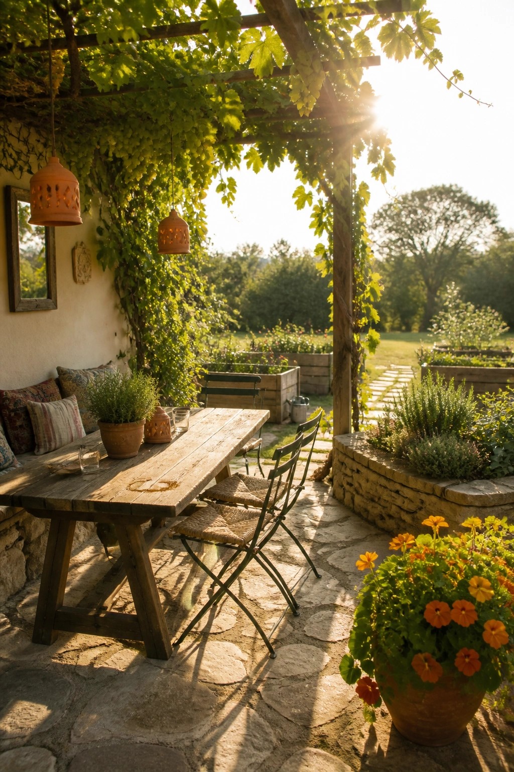 A rustic wooden dining table with woven chairs sits on a stone patio beneath a wooden pergola draped in green vines, with terracotta pots and raised garden beds nearby.