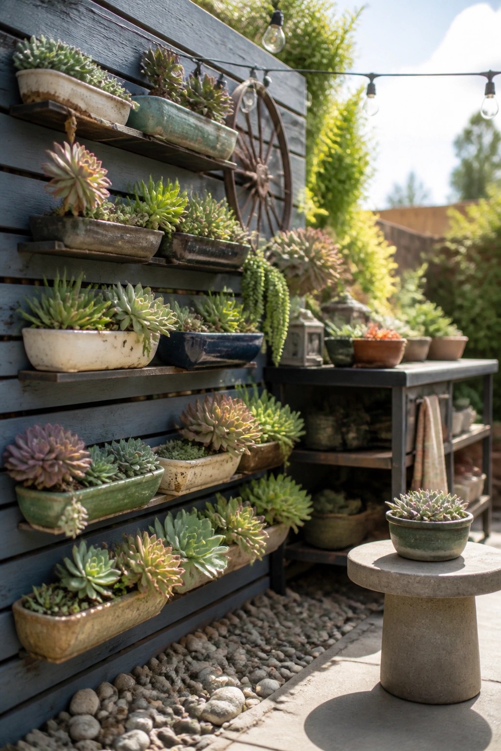 Succulents in vintage pots on shelves against a dark blue wooden wall.
