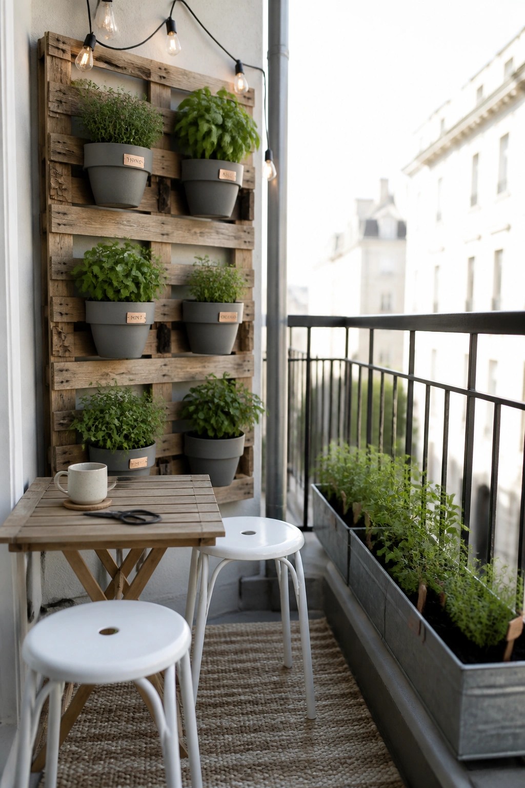 A balcony scene showing a wooden pallet mounted on the wall with gray pots of herbs, a small wooden table with two white stools, and a long metal planter along the railing.