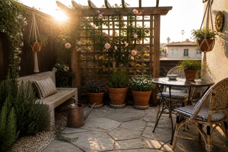 22 Easy DIY Patio Garden Ideas Perfect for Simple Planters, Trellises, and Weekend Projects A stone patio featuring a wooden trellis with pink climbing roses, several terracotta pots, a round table with wicker chairs, and a bench along a wooden fence.