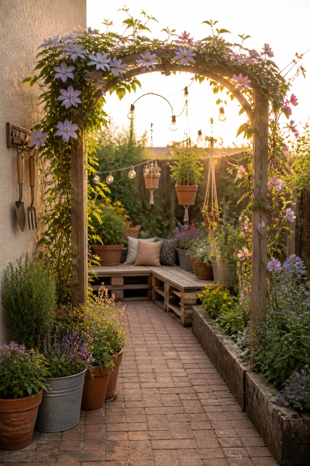 A brick garden path leads through a wooden arbor covered in purple flowering vines, with potted plants and hanging planters along the sides.