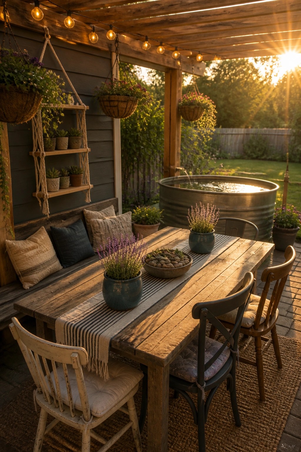 A wooden patio dining table with chairs sits under a pergola strung with lights, surrounded by hanging baskets, wall shelves with potted plants, and a large metal stock tank in the background.
