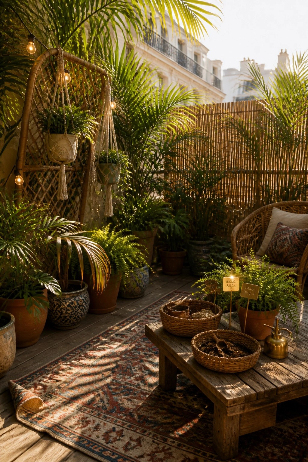 A wooden trellis with macrame hangers holding potted plants stands on a wooden patio beside a bamboo screen, a patterned rug, and a low table with baskets of soil.