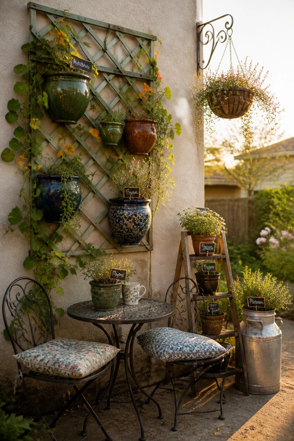 A patio scene showing a green lattice trellis mounted on a wall with multiple ceramic pots attached, a wooden ladder holding additional potted plants, a small round metal table with two chairs, and one hanging basket overhead.
