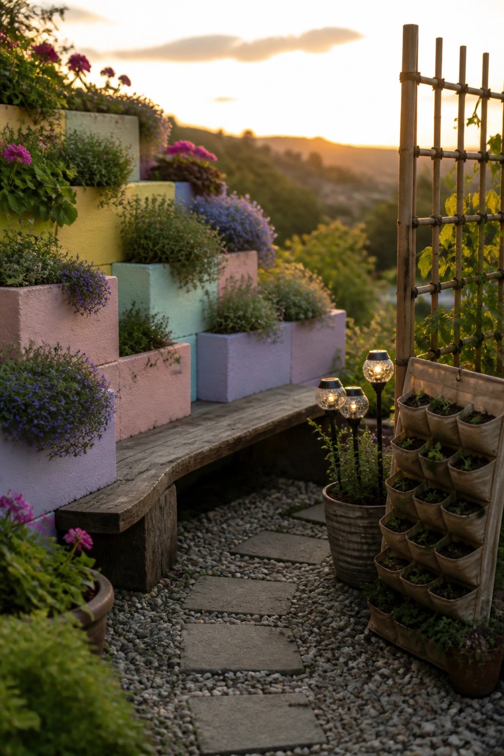 A garden with colorful painted cinder block planters stacked in tiers along a slope, a wooden bench, gravel path, and solar lights at dusk.