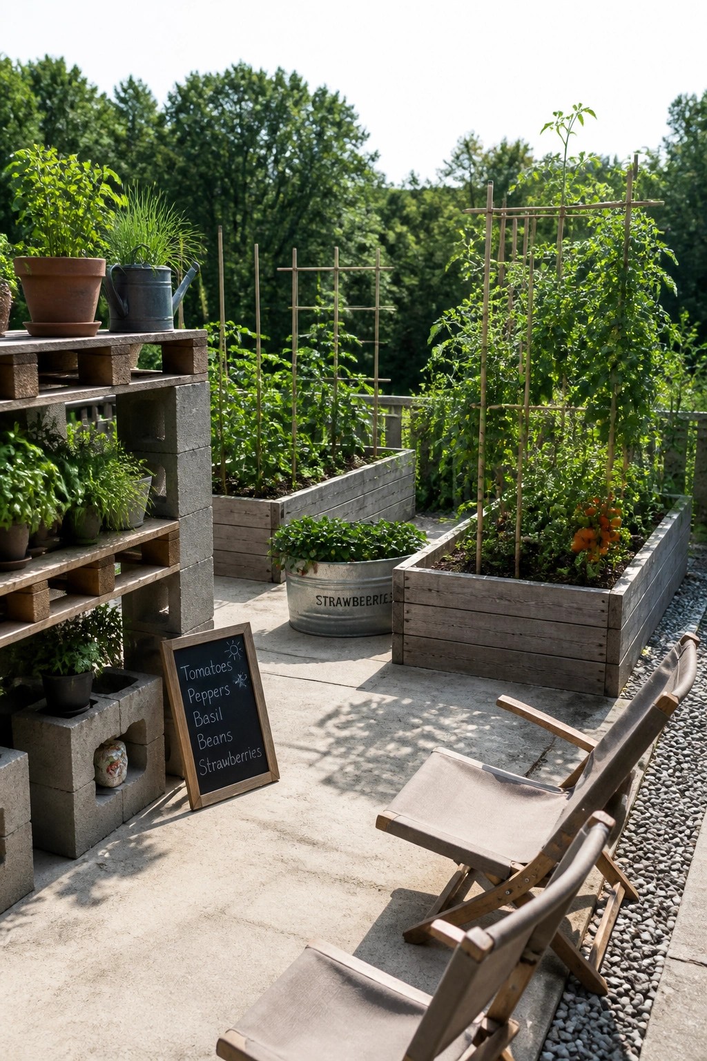 Raised garden beds with tomatoes, strawberries, potted herbs, sign, and chairs.