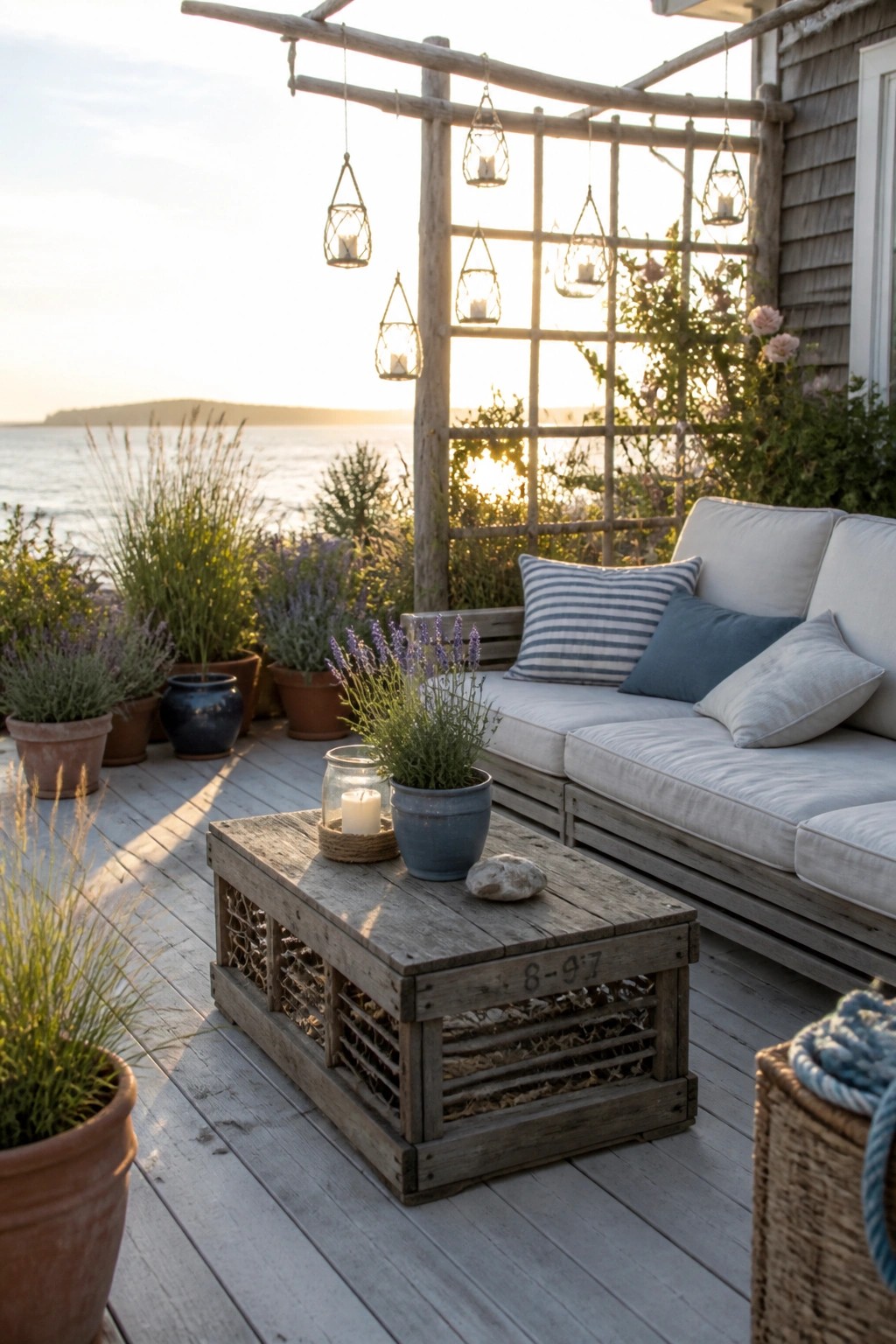 A weathered wooden crate used as a coffee table on a deck holds a potted lavender plant and a glass candle holder beside a cushioned bench, with hanging lanterns above.