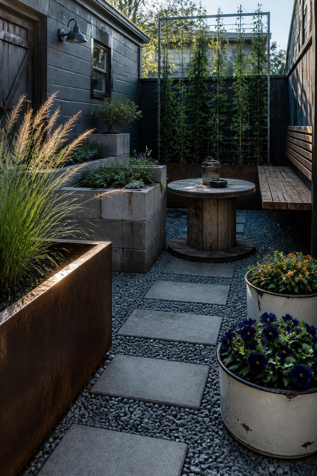 A gravel patio with a round wooden cable spool table, concrete block planters, a metal trellis with vines, and a wooden bench along one wall.