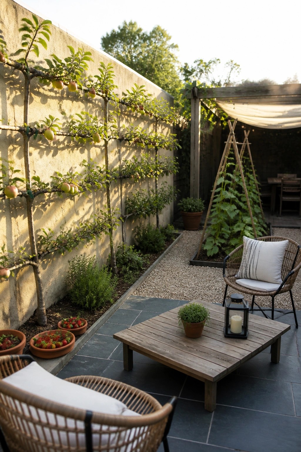 A patio garden with espaliered apple trees growing against a concrete wall, wicker chairs, and a wooden coffee table on dark pavers.