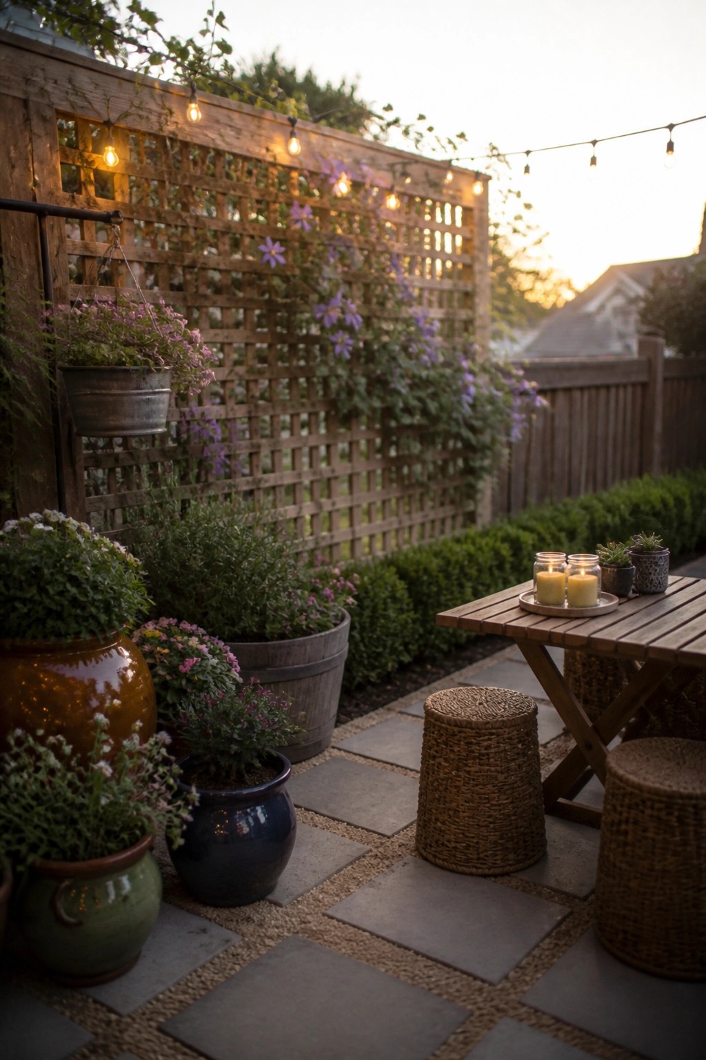 A wooden lattice trellis with string lights and purple flowers stands behind potted plants on a stone patio next to a wooden table with candles and woven stools.