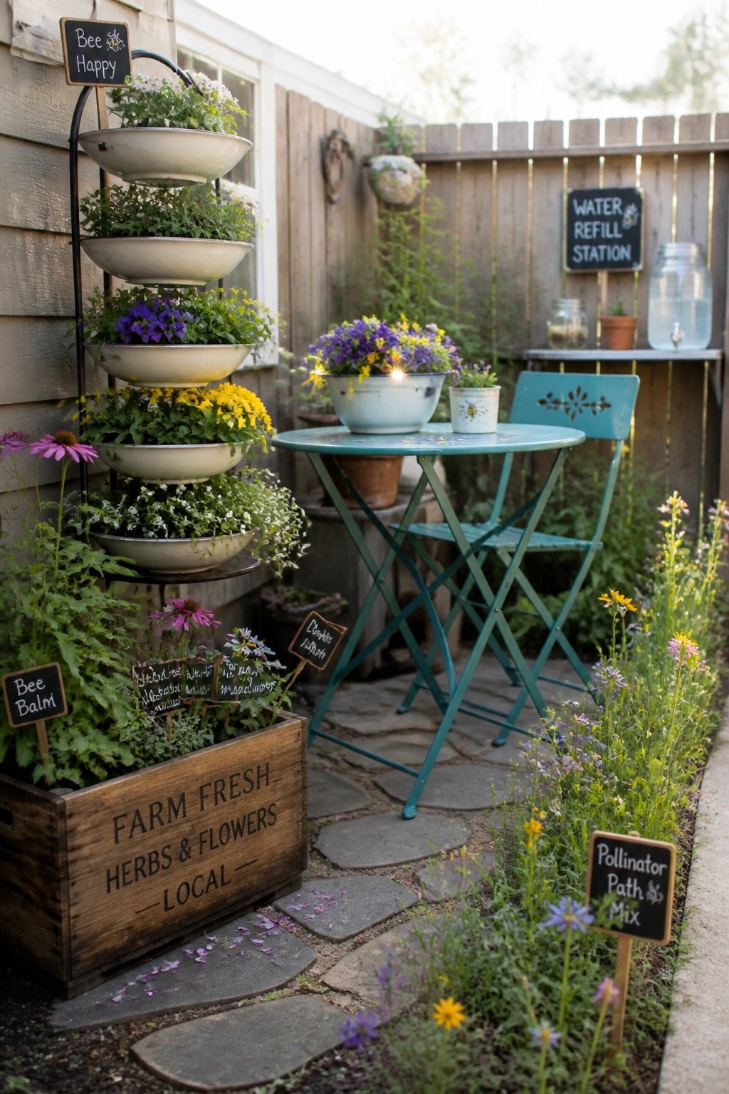 A turquoise bistro table and chair sit on a stone patio next to a tall black tiered planter stand holding multiple bowls of flowers and herbs, with a wooden crate garden and path in view.