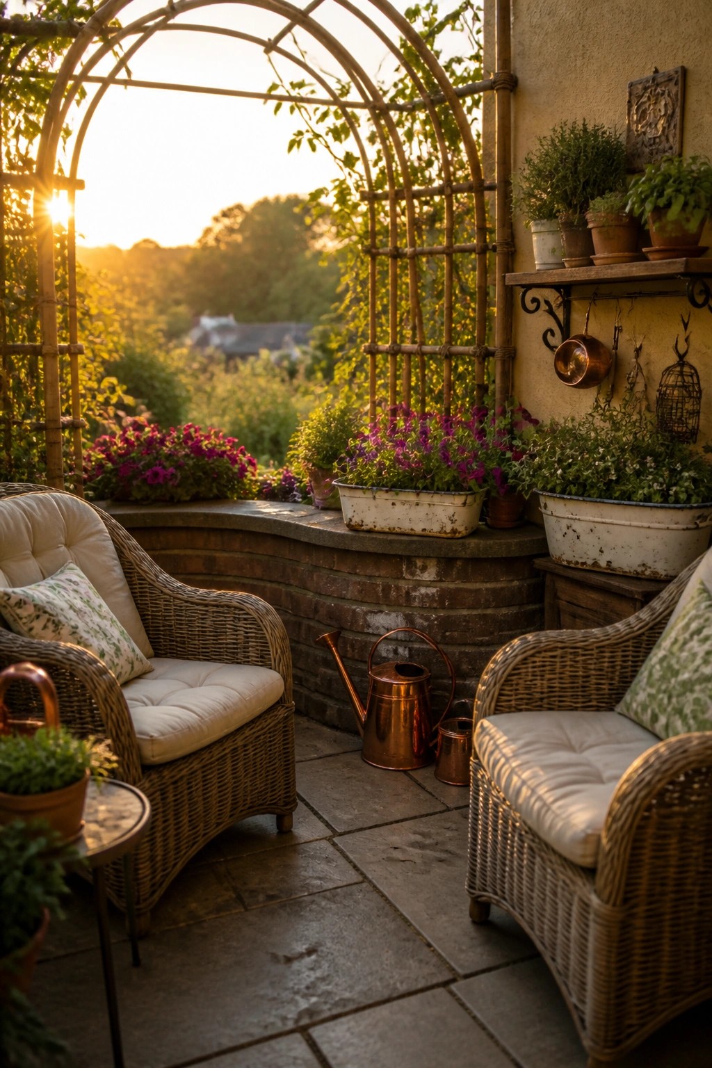 A stone patio with two cushioned wicker chairs, multiple potted plants, a wooden arched trellis, and copper watering cans beside a brick wall.