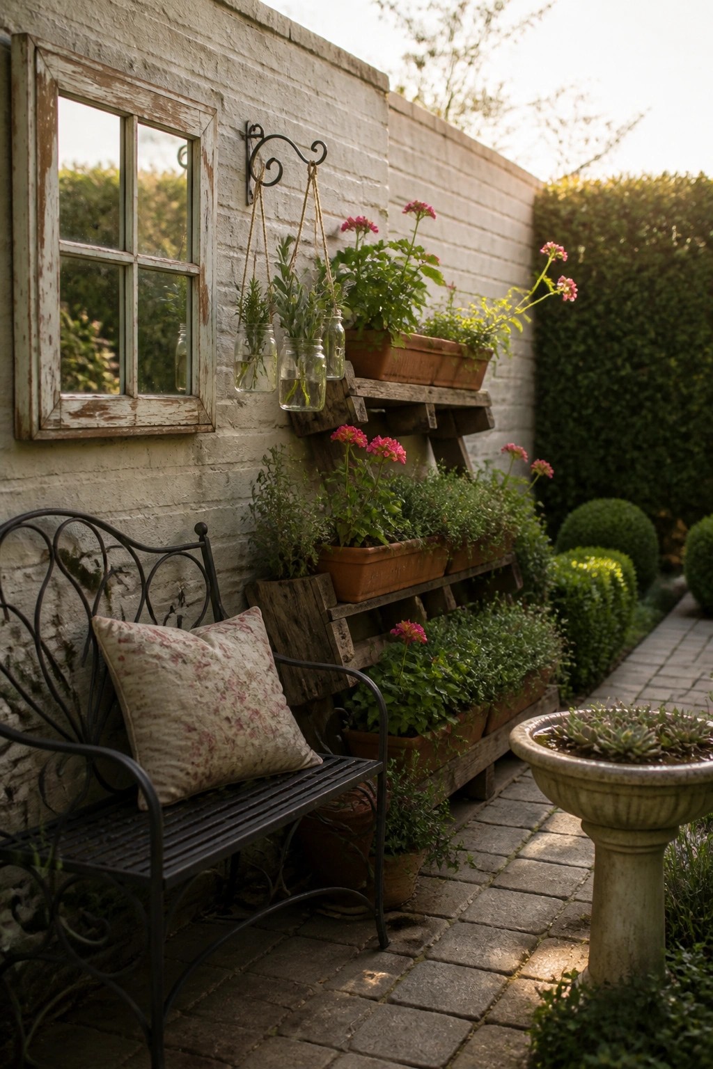 A patio corner with a black metal bench, white brick wall, tiered wooden pallet planters holding flowers, and several mason jars hanging from hooks.