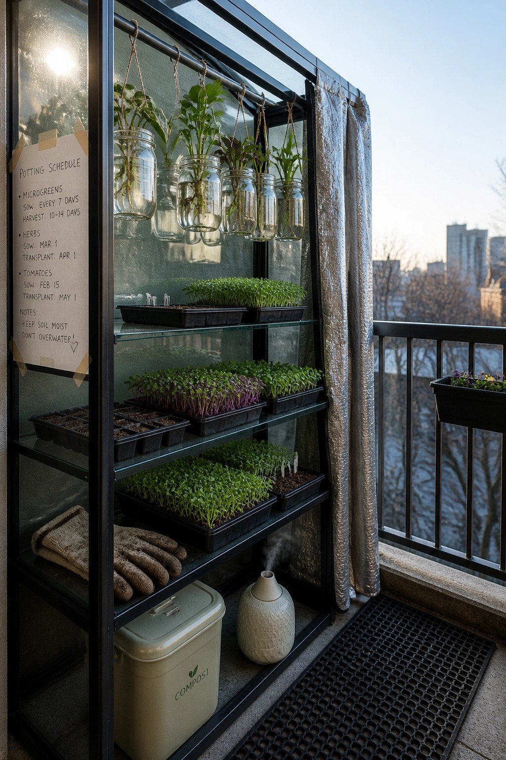 A black-framed glass cabinet on a balcony filled with seedling trays, hanging mason jars with plants, and gardening supplies.
