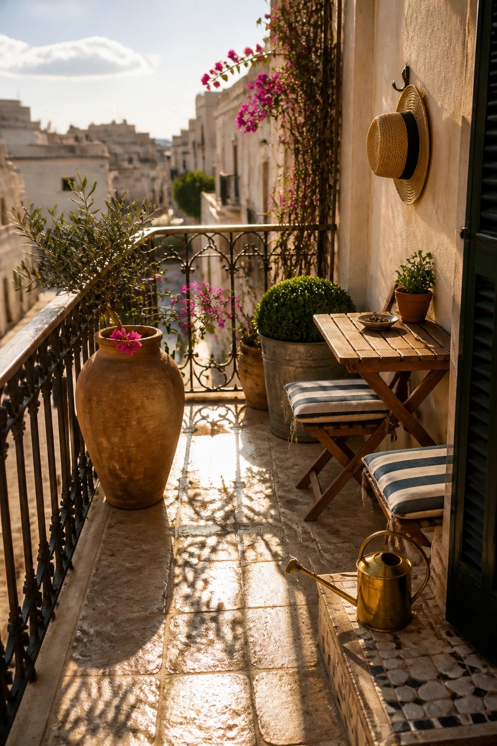 A narrow balcony lined with large terracotta and metal pots holding green plants and pink flowers, a small wooden table with two striped stools, and a brass watering can on the tiled floor.