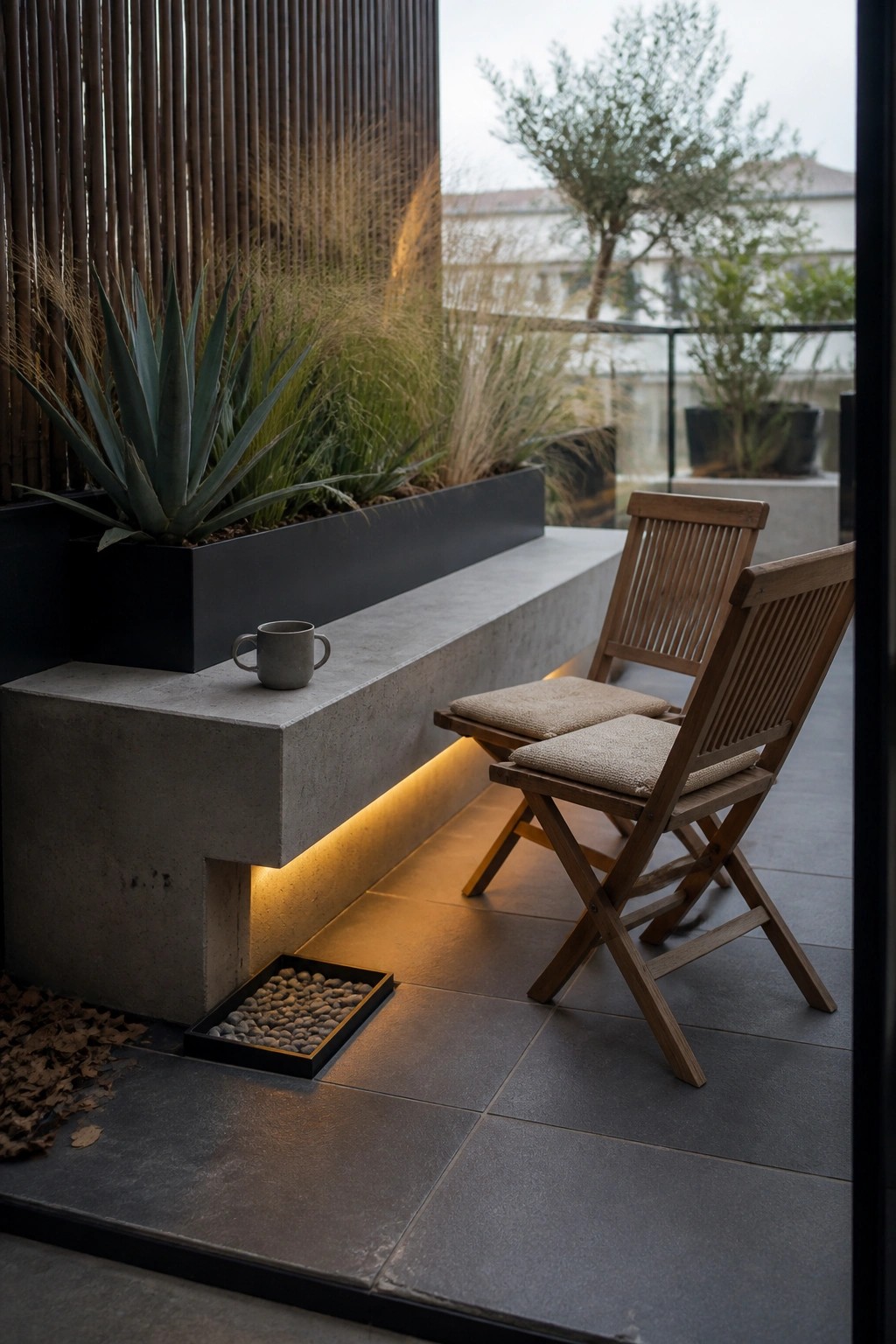 A modern balcony features a long concrete bench with warm under-lighting, a small gray mug on top, two wooden folding chairs nearby, and a black planter filled with tall grasses and an agave plant.