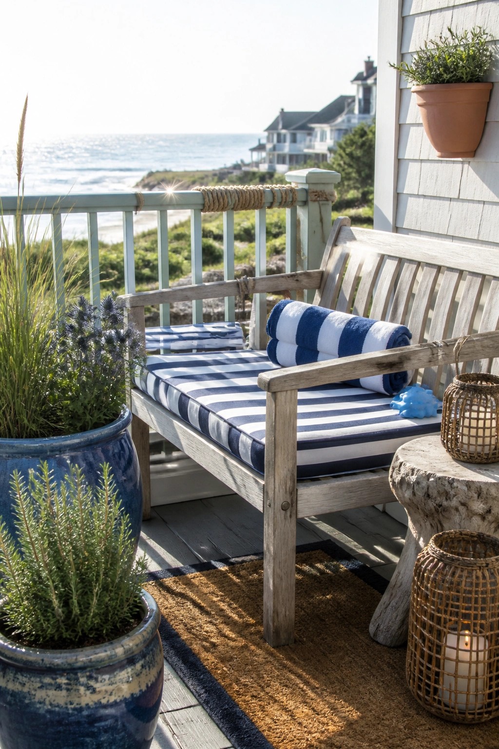 A weathered wooden bench with blue and white striped cushions sits on a deck beside large blue ceramic pots filled with green plants, with woven lanterns and an ocean view in the background.