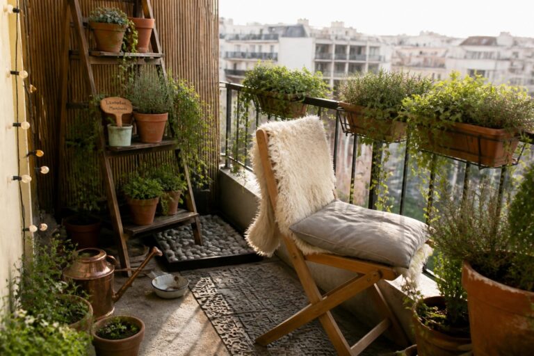 A balcony with a wooden ladder shelf holding multiple potted plants, a cushioned folding chair on a woven rug, and additional planters along the railing.