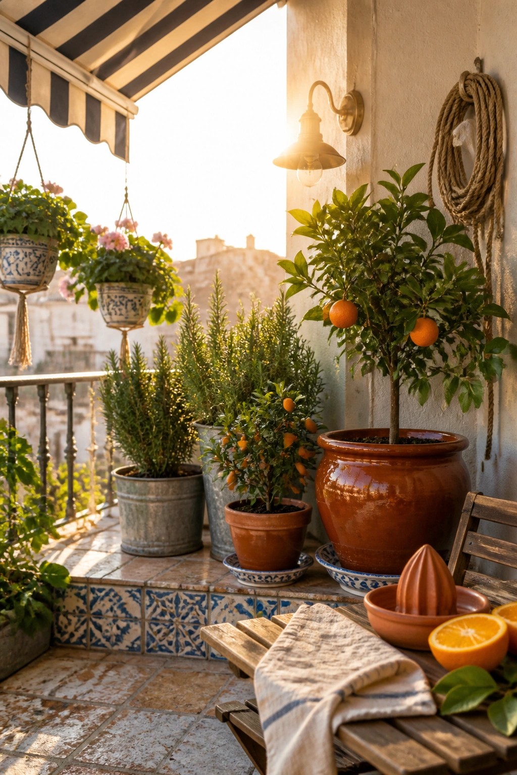 Sunny Mediterranean balcony with potted citrus trees, hanging flowers, and rustic wooden table.