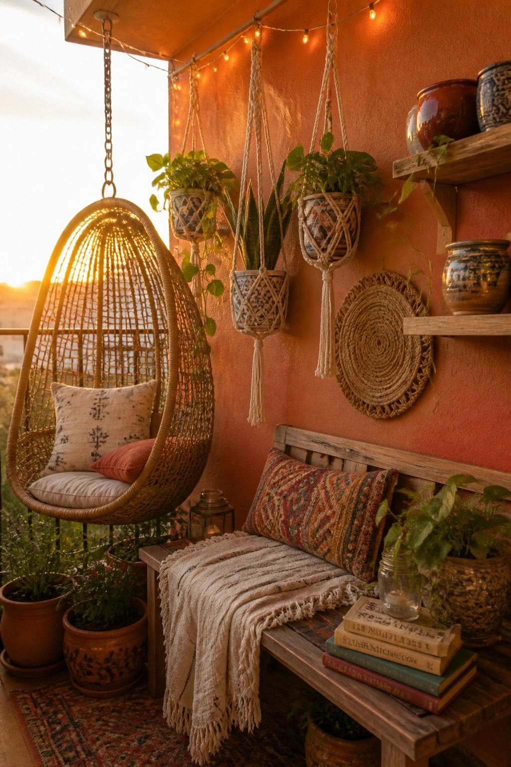 A small balcony with a hanging wicker chair, wooden bench, multiple macrame hanging planters on a terracotta wall, wooden shelves with ceramic pots, and string lights at sunset.