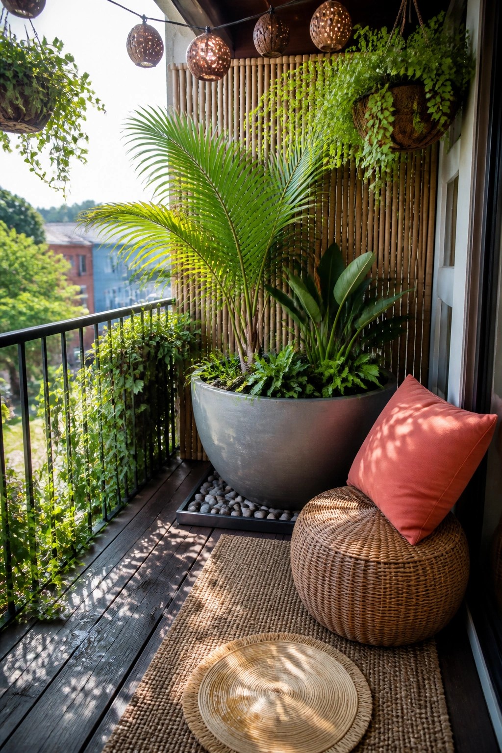 A wooden balcony with a large gray planter holding a palm and other greens next to a woven ottoman with a coral cushion, placed on a jute rug in front of a bamboo screen.