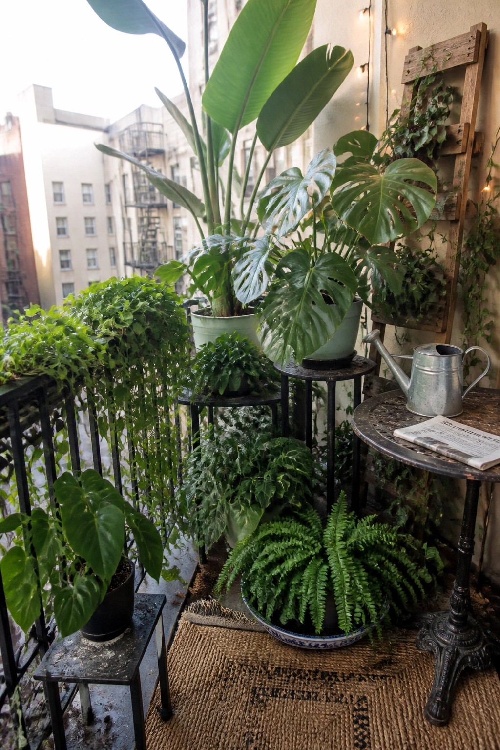 Lush urban balcony garden with monstera, ferns, ivy, and metal watering can