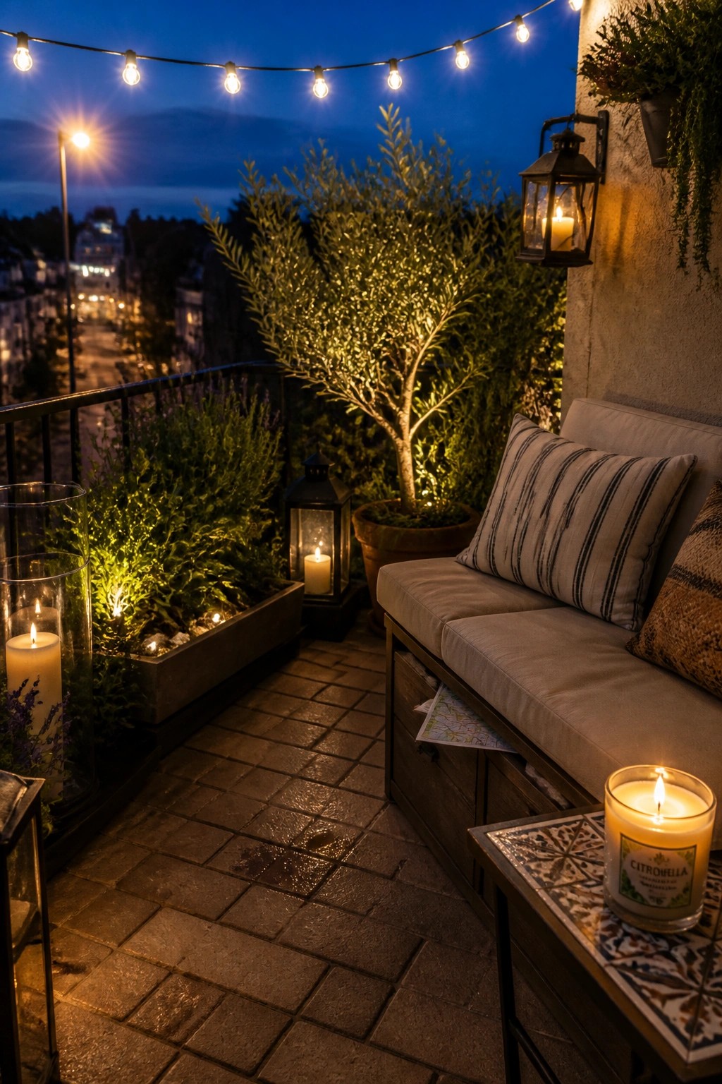 A small paved balcony at dusk with a cushioned bench, potted plants, string lights overhead, and several lit candles and lanterns.