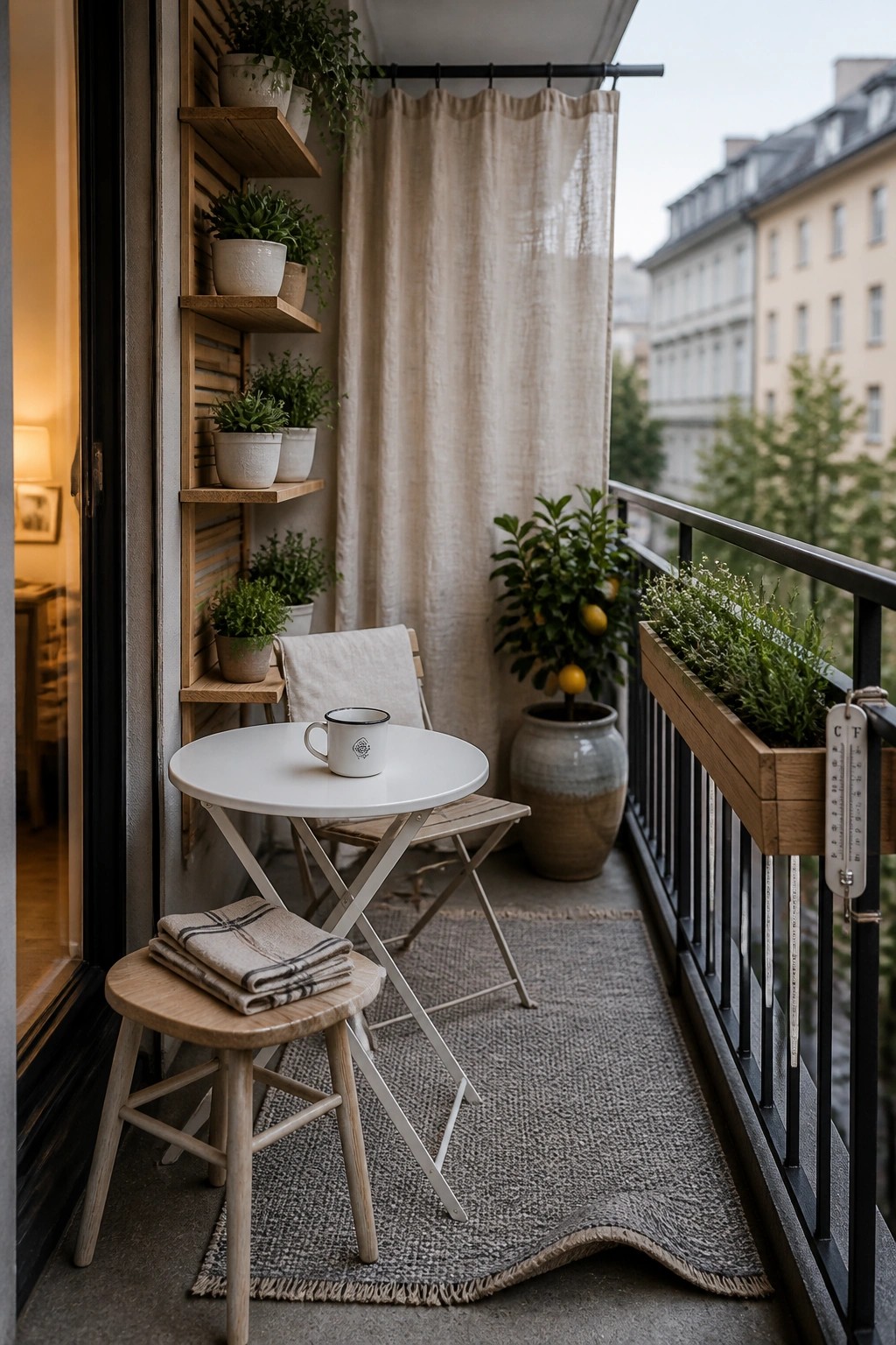 A compact balcony with wooden wall shelves holding multiple potted plants, a small round table, a stool with folded blankets, a potted lemon tree, and a beige curtain along the railing.