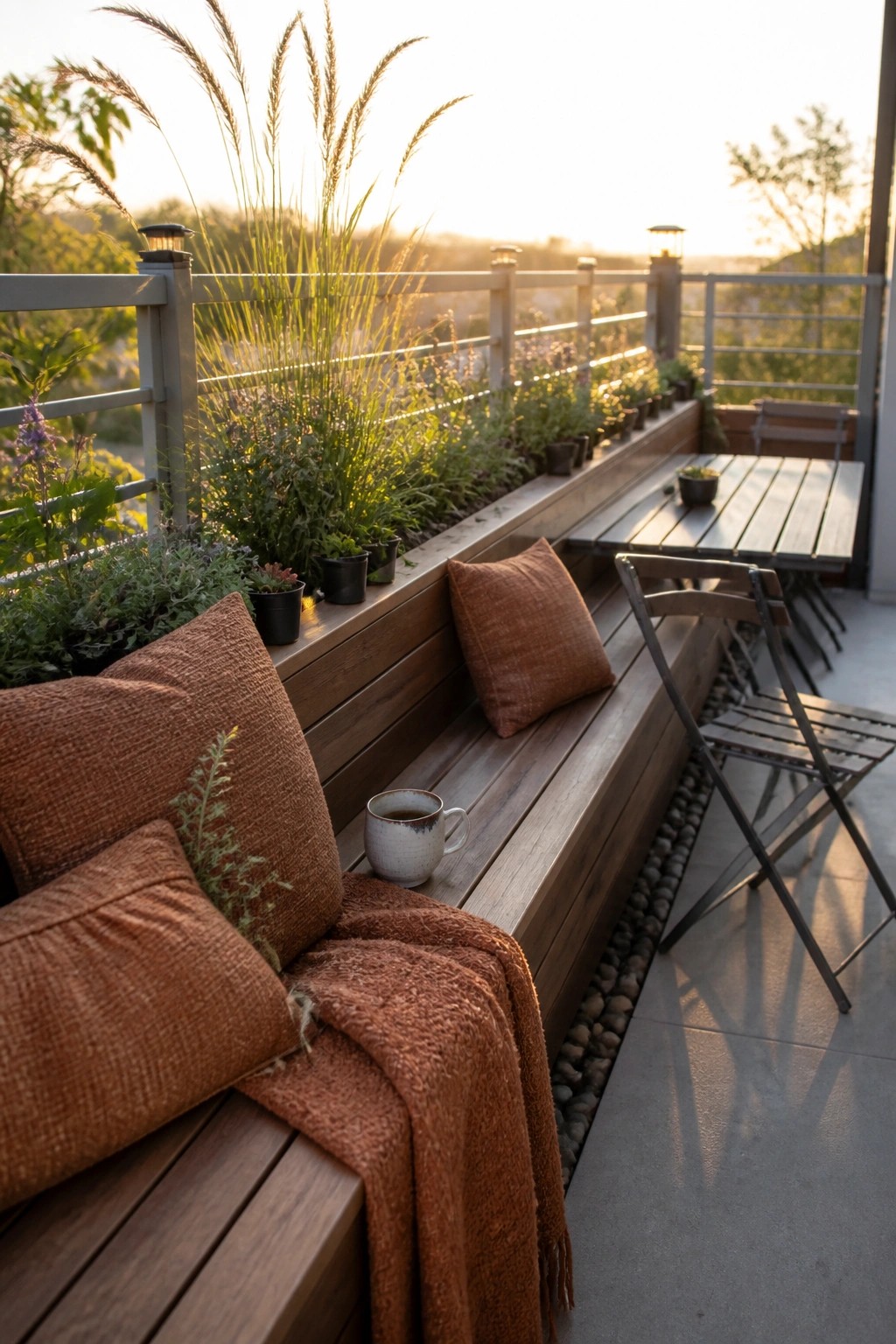 Cozy wooden balcony bench with terracotta cushions, blanket, mug, and plants at sunset