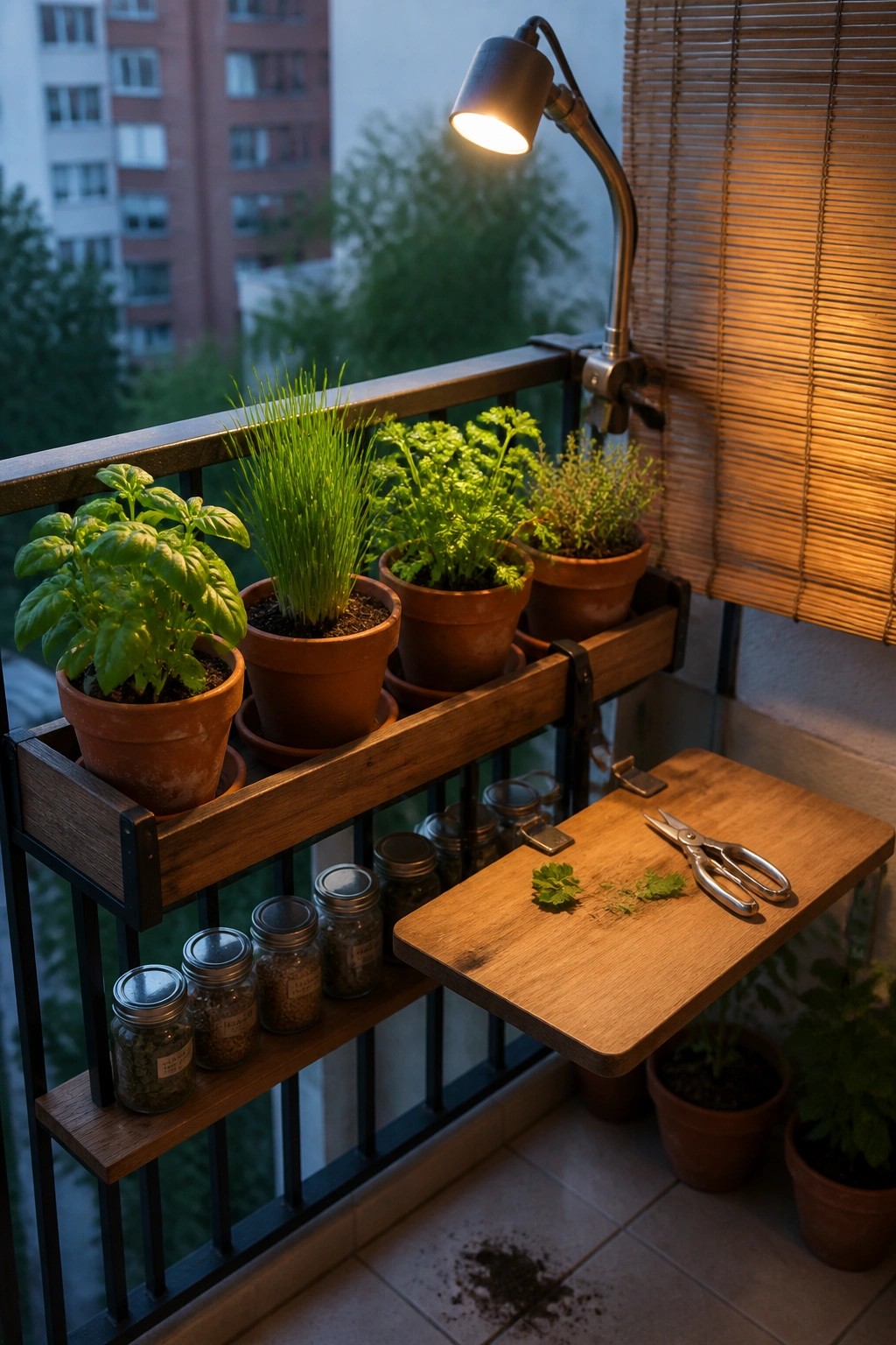 A wooden planter box attached to a balcony railing holds several terracotta pots of herbs, with a fold-down wooden work surface, pruning shears, and labeled seed jars nearby.