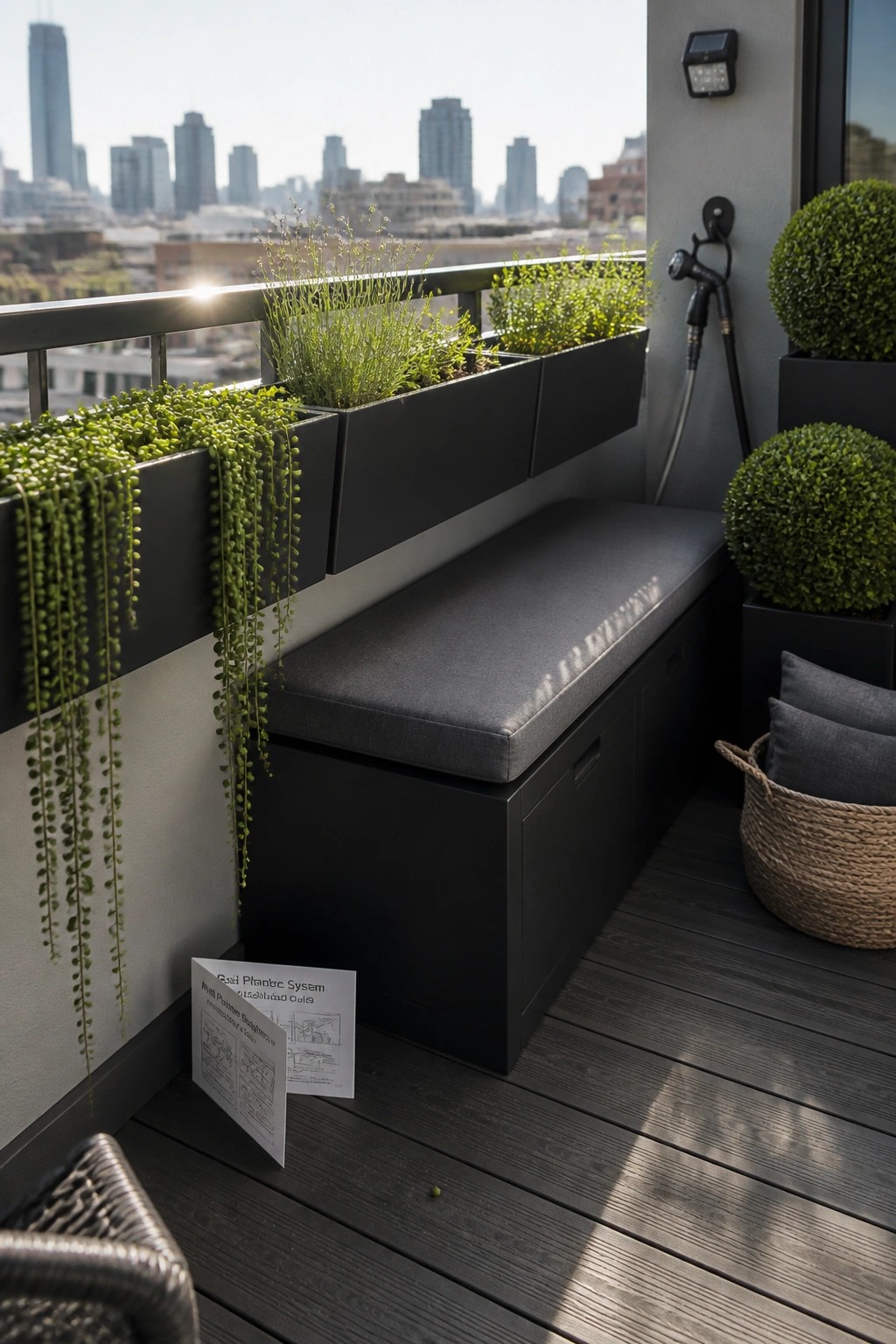 A modern balcony with black rectangular planters mounted along the metal railing, filled with green plants, above a long cushioned storage bench.