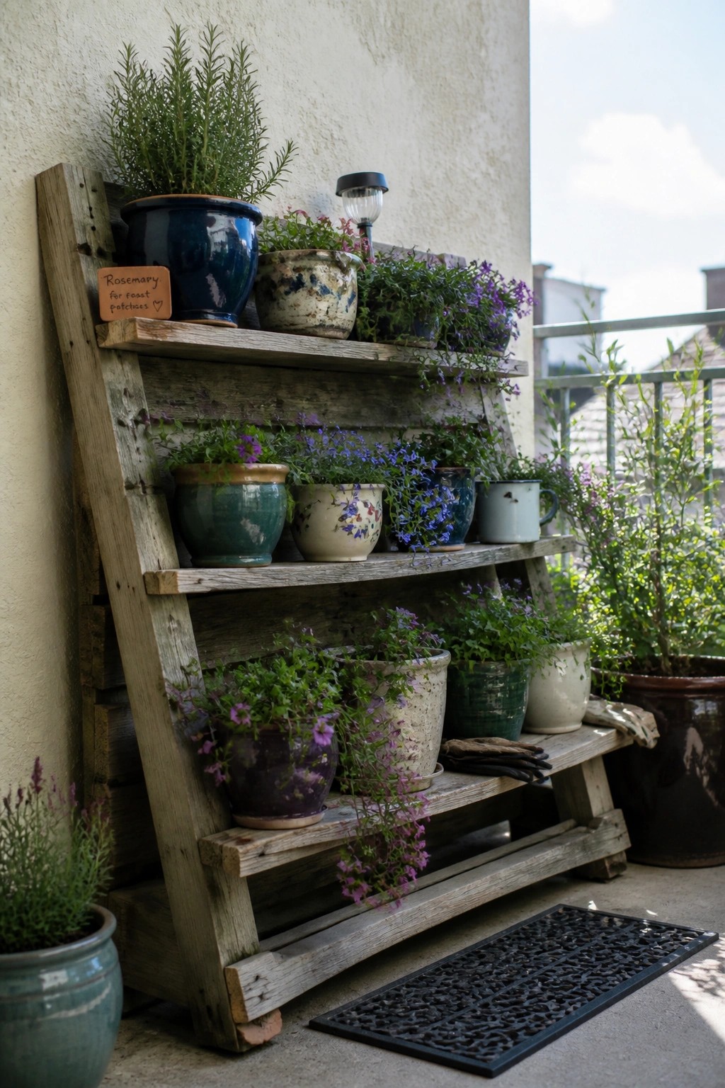 A weathered wooden pallet leaned against a wall and fitted with multiple shelves holding rows of potted plants on a balcony.