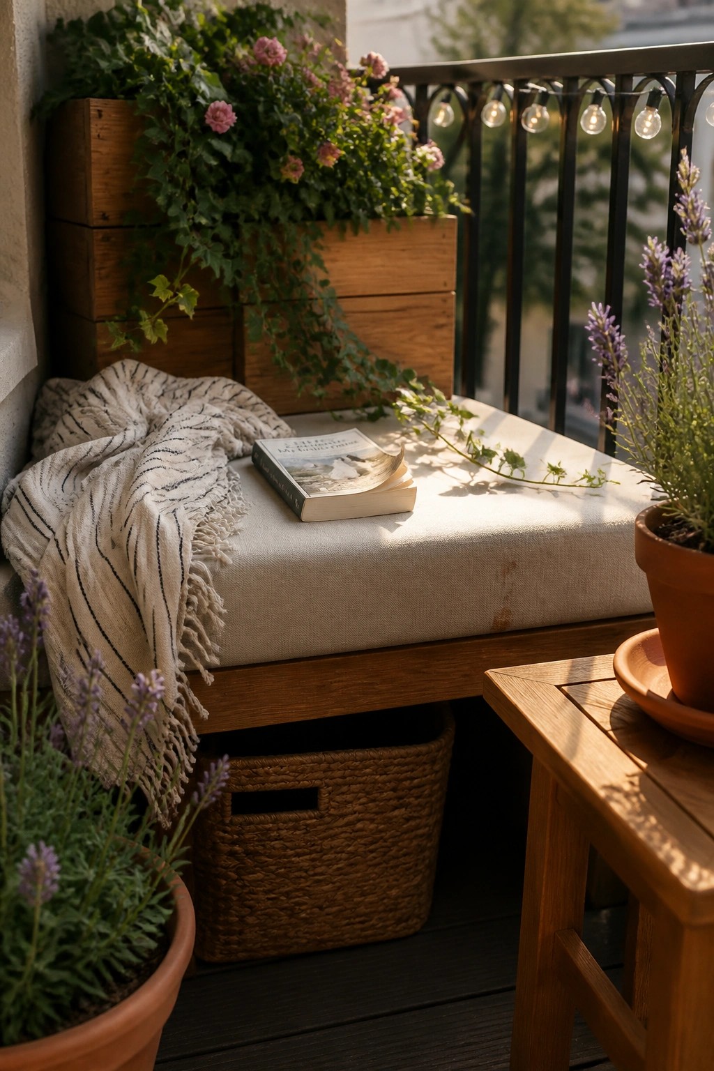 A small balcony with a cushioned wooden bench, an open book on the seat, string lights overhead, and stacked wooden crates holding trailing plants beside potted lavender.