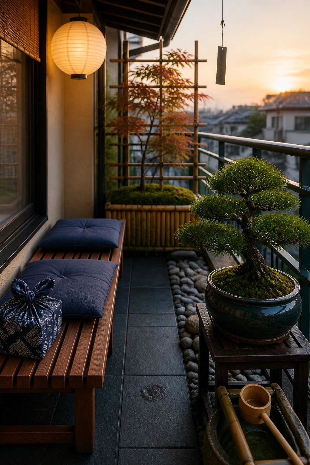 A narrow balcony features a wooden bench with blue cushions, a large potted bonsai on a stand, rocks, and additional plants near a railing.
