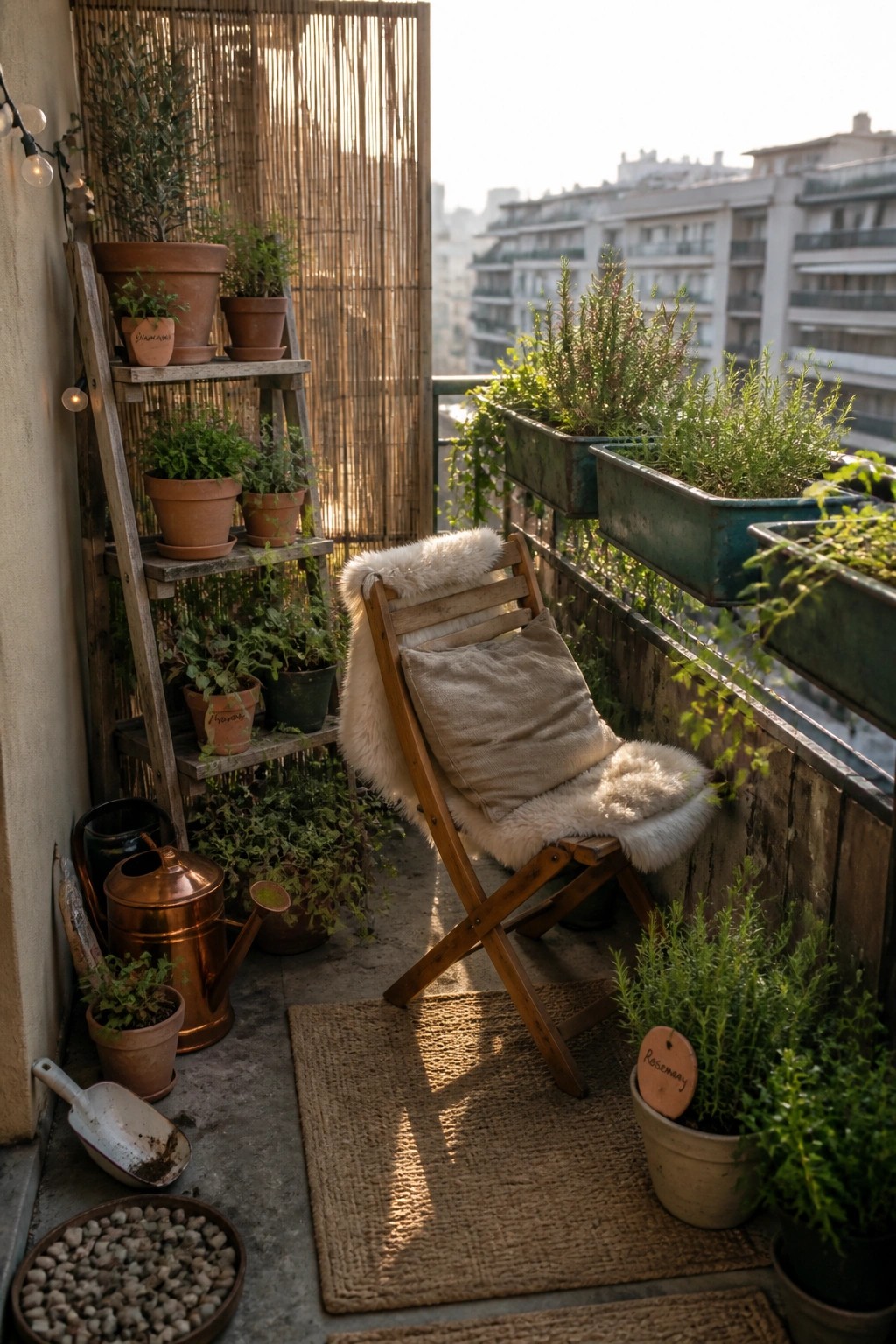 A balcony with a wooden ladder shelf holding multiple potted plants, a cushioned folding chair on a woven rug, and additional planters along the railing.