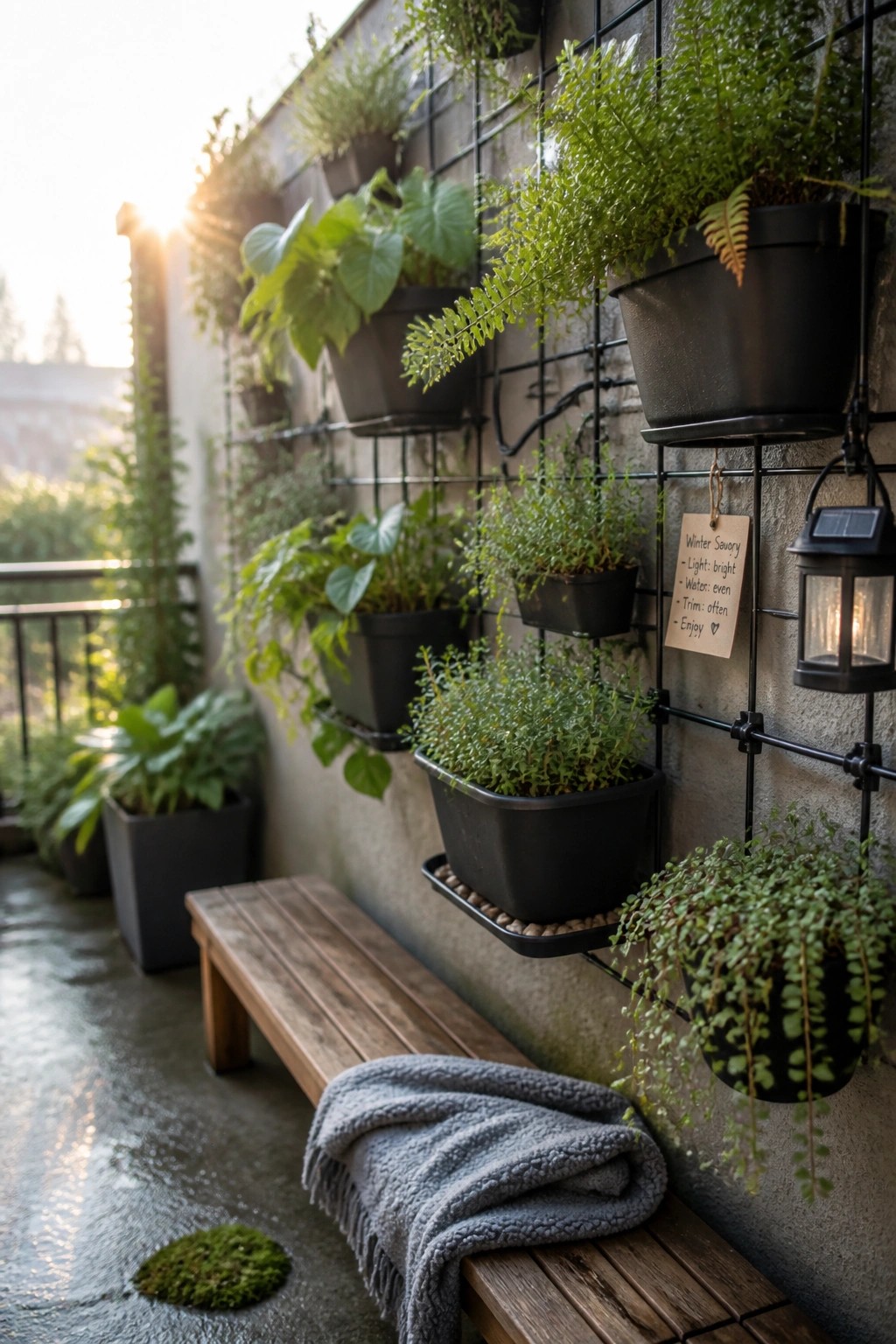 A concrete balcony wall with a black metal grid holding multiple black plant pots, a wooden bench with a gray blanket in front, and a lit lantern hanging on the right.