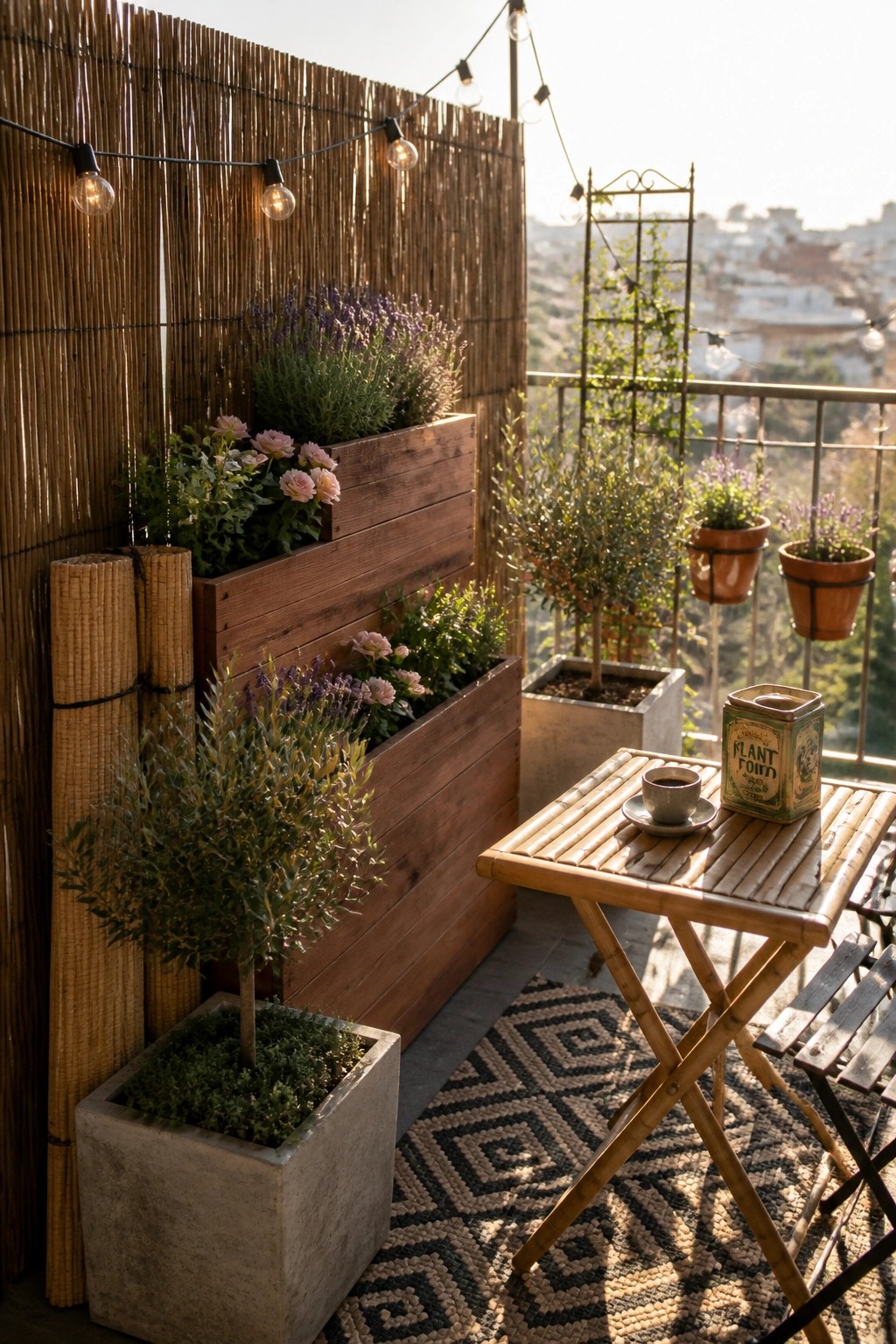 A balcony with tiered wooden planters mounted on a bamboo screen, potted plants, a small bamboo table, and a patterned rug.
