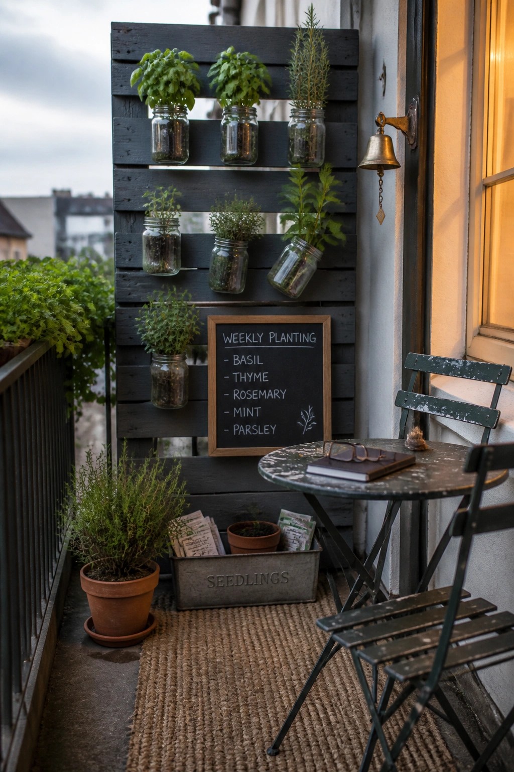 A dark wooden pallet mounted on a balcony wall holds glass jars with herbs, next to a small metal table, chairs, and a chalkboard sign.