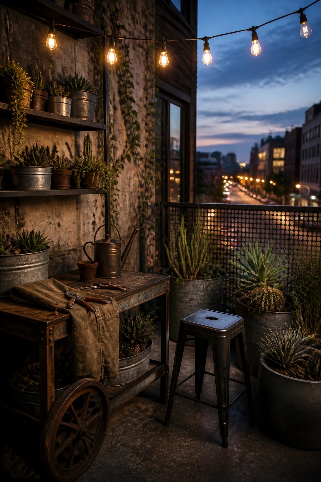 A balcony at dusk with metal wall shelves holding potted plants, a wooden rolling cart with tools and a cloth, a metal stool, and several large plant containers near a city view.