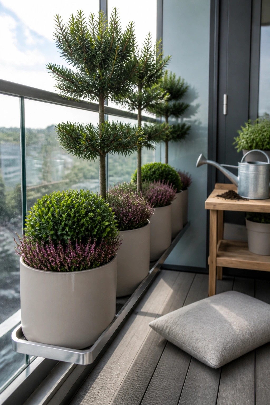 A row of light gray pots with green shrubs and small trees placed along a balcony railing beside a wooden table and gray cushion.