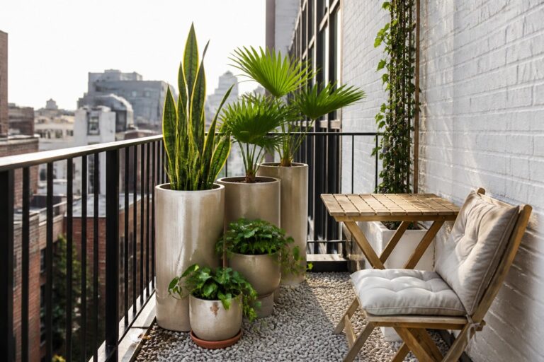 Balcony with potted plants, wooden table and chair on pebble floor